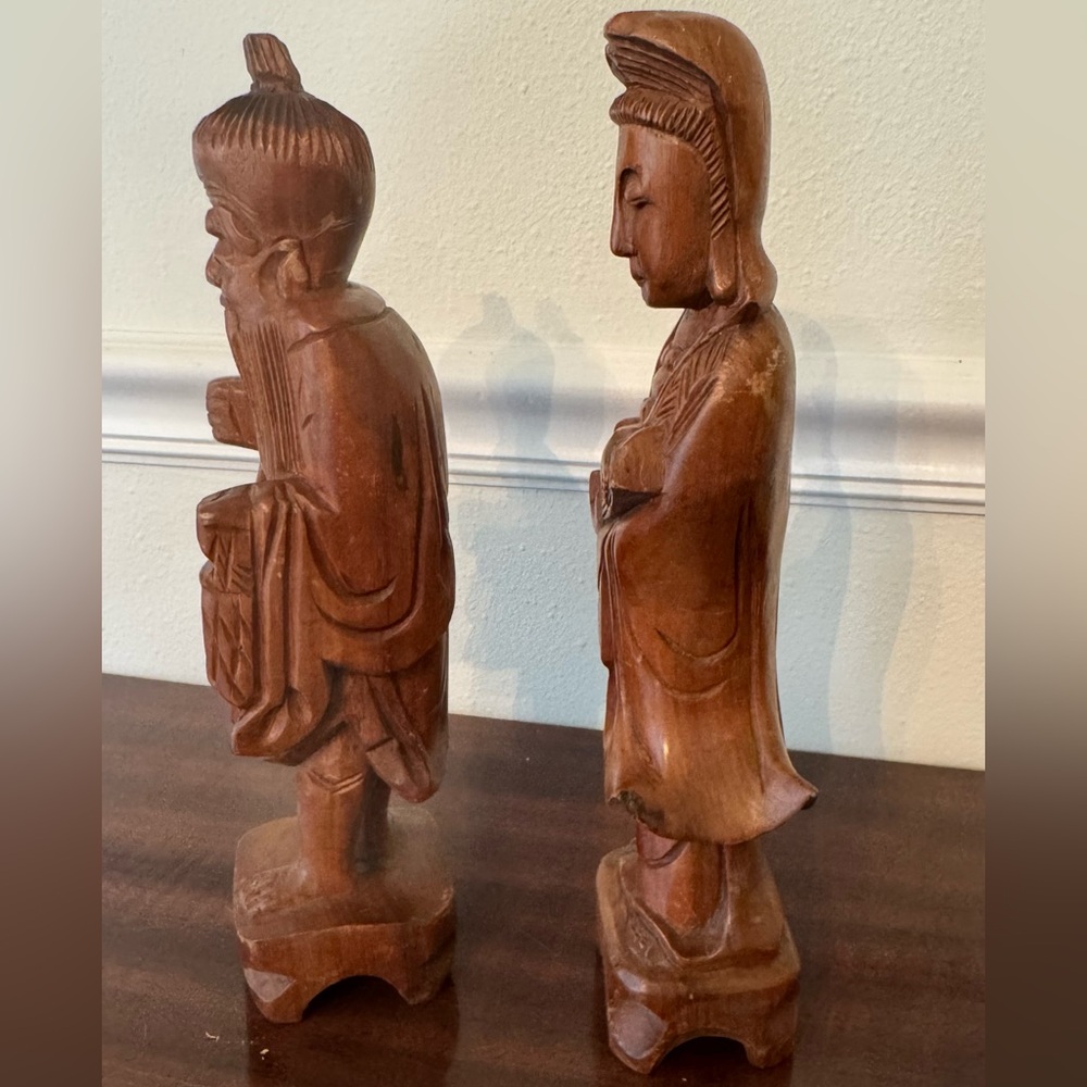 Vintage Hand-Carved Wooden Asian Figurine Pair – Monk & Goddess Statues - Picture 2 of 6